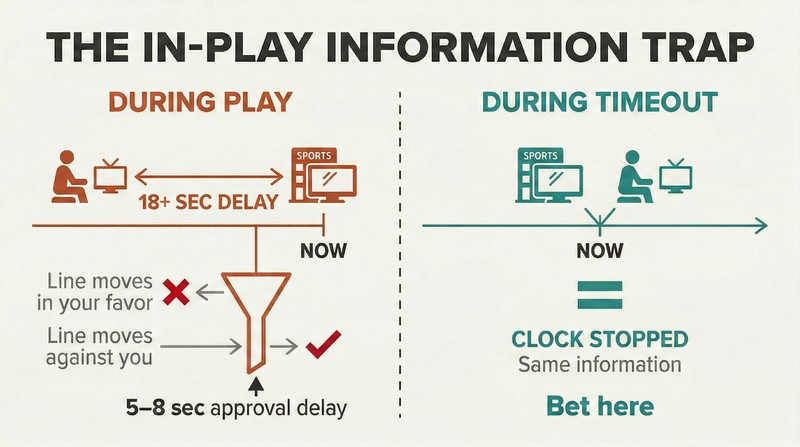 Split panel comparing live betting during play, where the sportsbook sees events 18 seconds before the bettor, versus during timeouts when both have equal information.