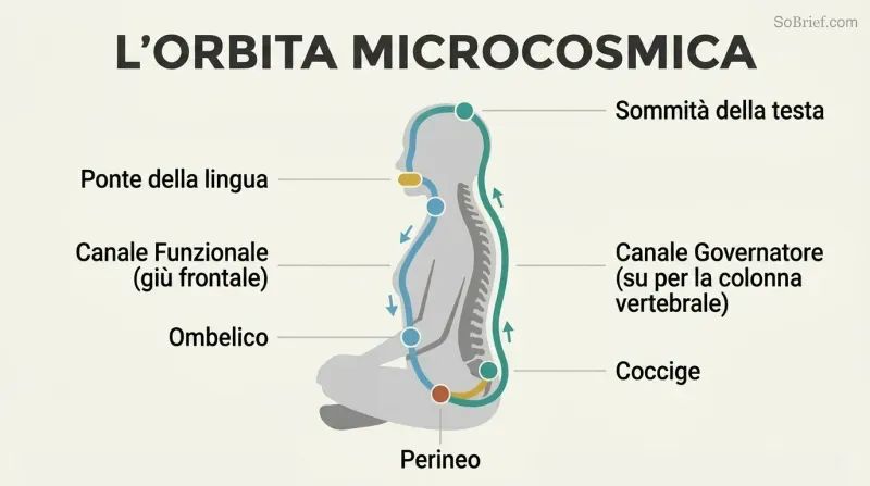 Seated human silhouette in profile with a circular energy loop flowing up the spine and down the front of the body, connected at the mouth by the tongue.