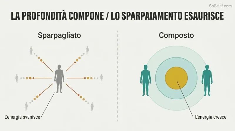 Split panel comparing a single figure dispersing energy to many fading contacts on the left versus two figures building a large shared energy field on the right.
