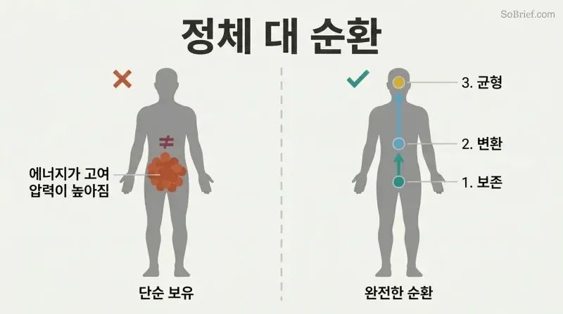Split panel comparing a figure with stagnant pooling energy at the lower body against a figure with energy flowing upward through three stages: conserve, transform, and balance.