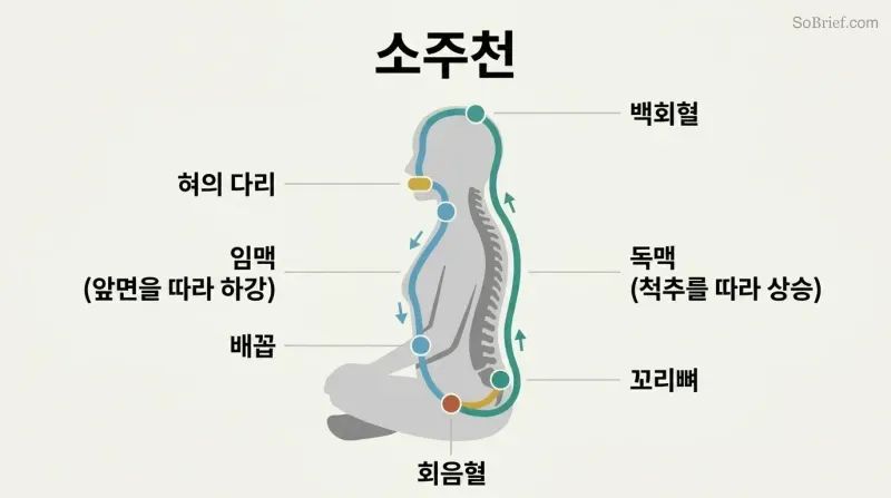 Seated human silhouette in profile with a circular energy loop flowing up the spine and down the front of the body, connected at the mouth by the tongue.
