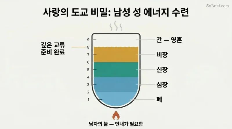 Vertical vessel showing nine ascending arousal stages mapped to organs, rising from cool at the bottom to boiling at the top with a readiness threshold near the peak.