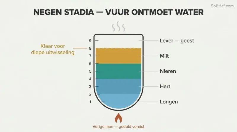 Vertical vessel showing nine ascending arousal stages mapped to organs, rising from cool at the bottom to boiling at the top with a readiness threshold near the peak.