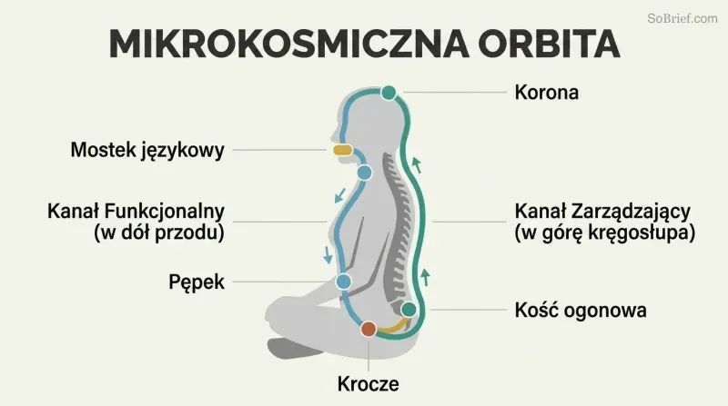 Seated human silhouette in profile with a circular energy loop flowing up the spine and down the front of the body, connected at the mouth by the tongue.