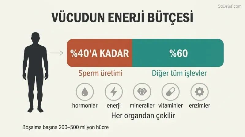 Proportional bar inside a human silhouette showing that up to 40% of daily energy goes to sperm production, with the remaining 60% powering all other bodily functions.