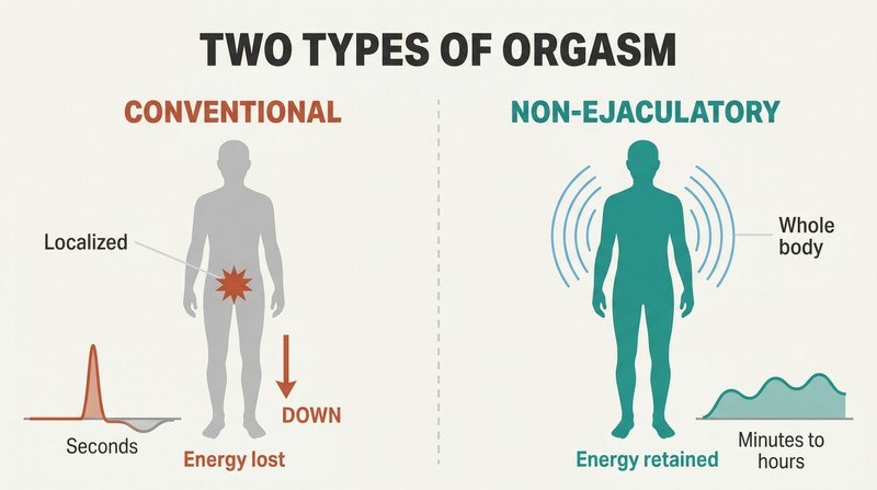 Split panel comparing a brief localized energy spike with depletion on the left to a sustained full-body energy wave on the right.