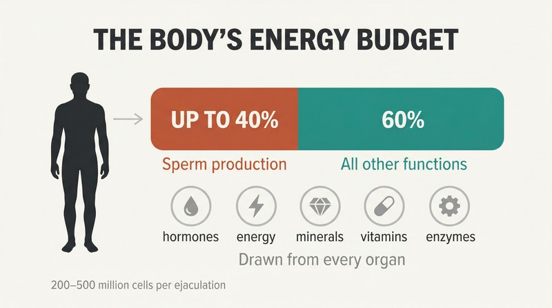 Proportional bar inside a human silhouette showing that up to 40% of daily energy goes to sperm production, with the remaining 60% powering all other bodily functions.