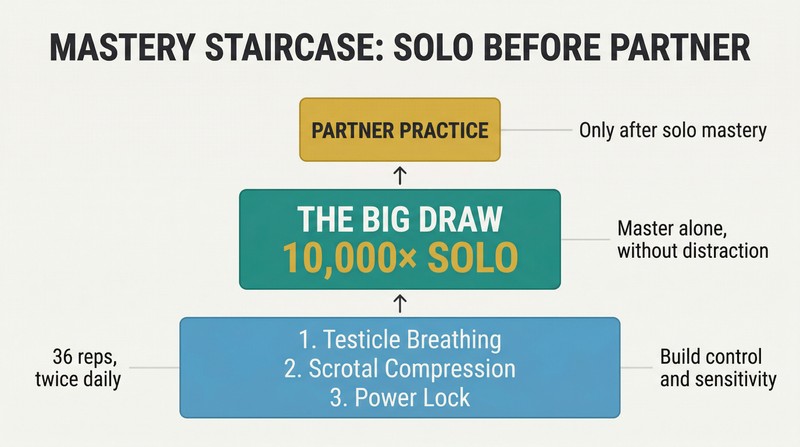 Three-tiered ascending pyramid showing foundational breathing exercises at the base, 10,000 solo repetitions in the middle, and partner practice at the summit.