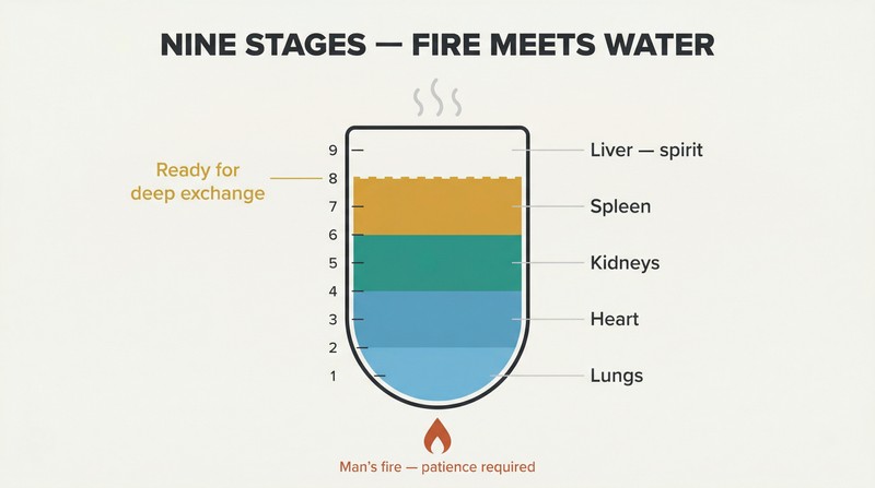 Vertical vessel showing nine ascending arousal stages mapped to organs, rising from cool at the bottom to boiling at the top with a readiness threshold near the peak.