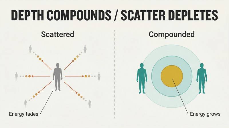 Split panel comparing a single figure dispersing energy to many fading contacts on the left versus two figures building a large shared energy field on the right.