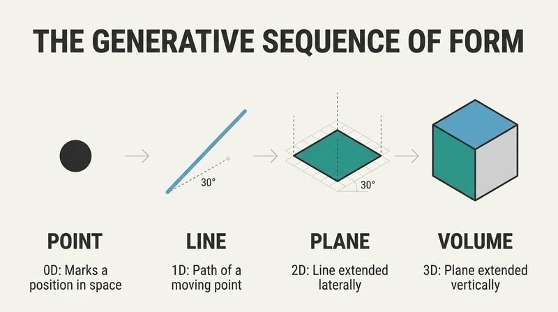 Geometric diagram showing the dimensional progression of form from a 0D point, to a 1D line, to a 2D plane, and finally to a 3D isometric volume.