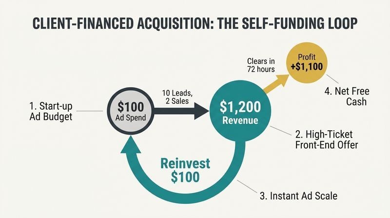A circular flywheel diagram showing how a tiny front-end ad spend of $100 converts into $1,200 in revenue, which instantly loops $100 back to fund the next ads while generating $1,100 in clean net profit.