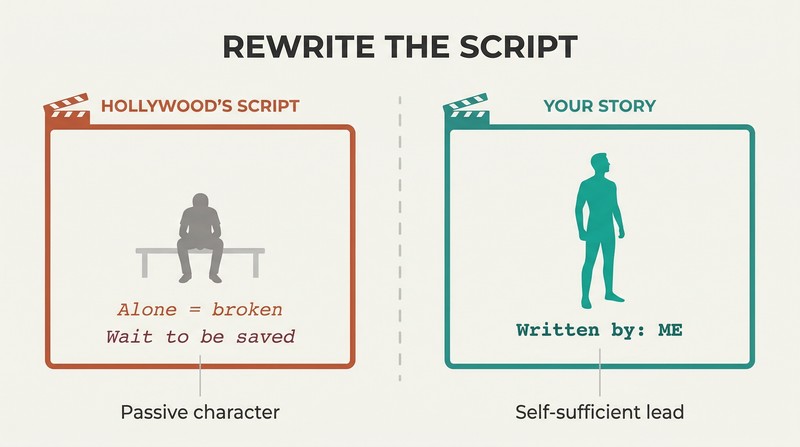 Split panel comparing a movie-frame trap where a small figure waits alone for rescue against a self-authored story where the same figure stands as the confident lead.
