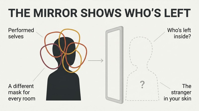 A silhouette figure covered in overlapping mask layers faces a mirror whose reflection shows only a hollow, faded outline — revealing how people-pleasing erodes identity.