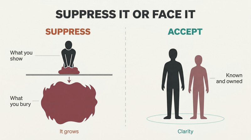 Split panel comparing suppression, where a figure pushes a shadow underground and it grows enormous, versus acceptance, where a figure stands beside its shadow in open space with clarity.