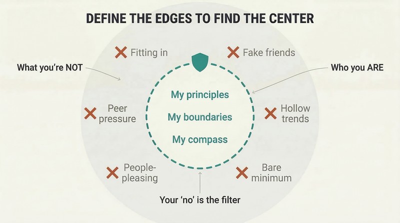 Nested diagram showing crossed-out rejected traits in an outer ring surrounding a clear inner circle containing core identity values.