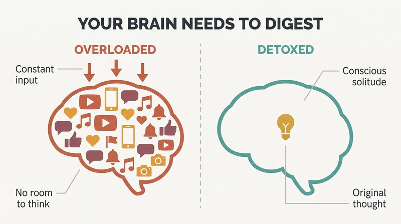Split panel comparing an overloaded brain drowning in content icons on the left with a clear, spacious brain producing an original thought on the right.