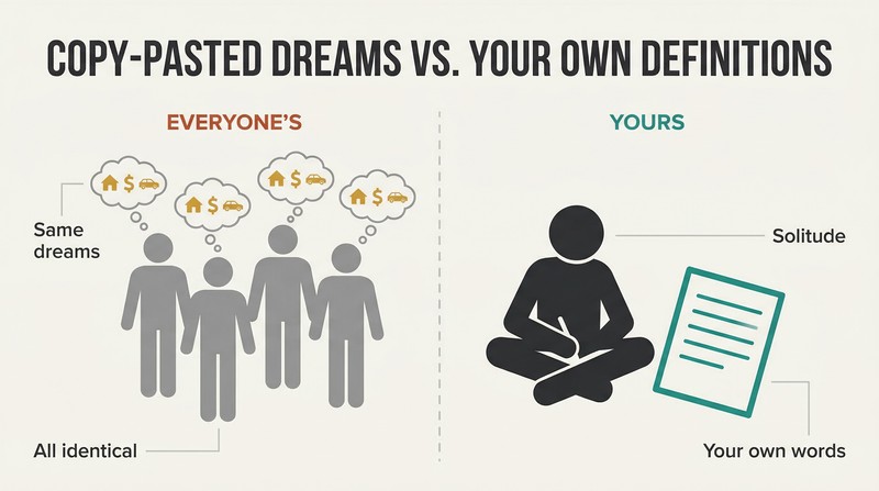 Split panel comparing identical silhouettes sharing the same generic dream icons on the left with a single figure writing personal definitions in solitude on the right.
