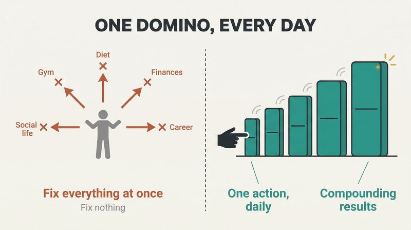 Split panel contrasting scattered failed goals on the left with a single growing domino chain on the right, showing how one daily action compounds into large results.