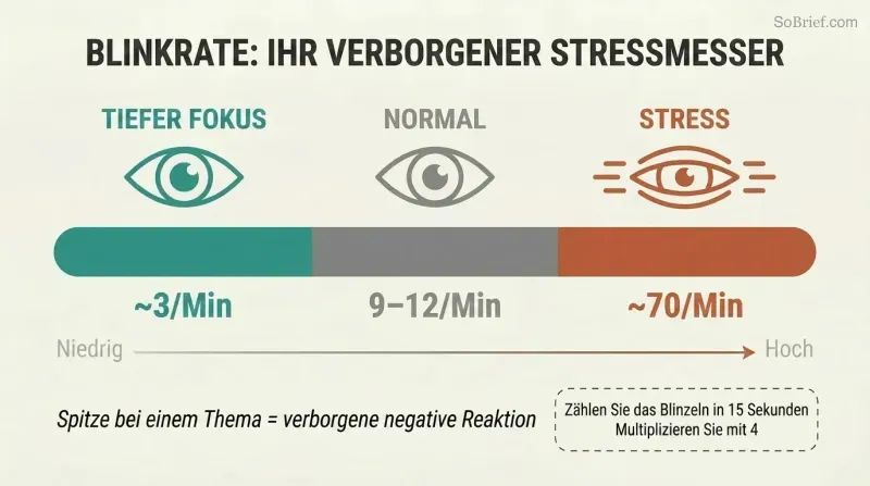 Horizontal spectrum showing three blink-rate zones from deep focus at 3 blinks per minute through normal at 9–12 to stress at 70, color-coded teal to gray to terracotta.
