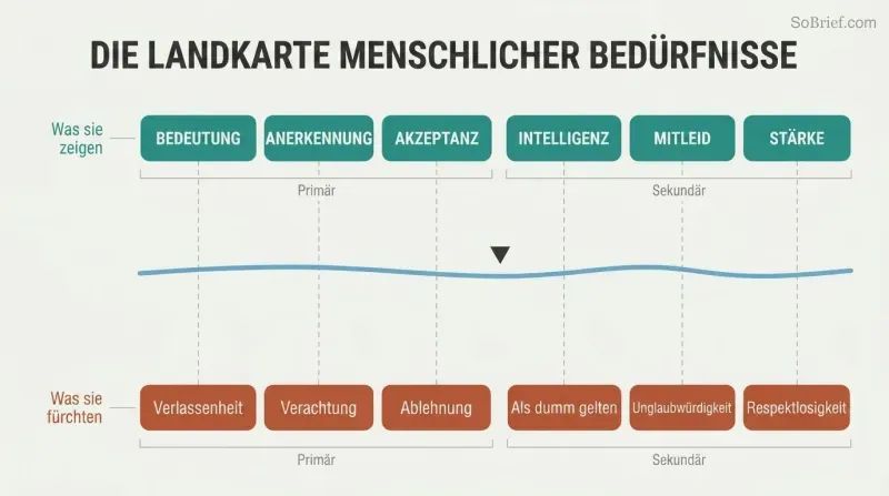 Waterline diagram showing six social needs above the surface paired with their corresponding hidden fears below, connected by vertical lines through a horizontal divider.