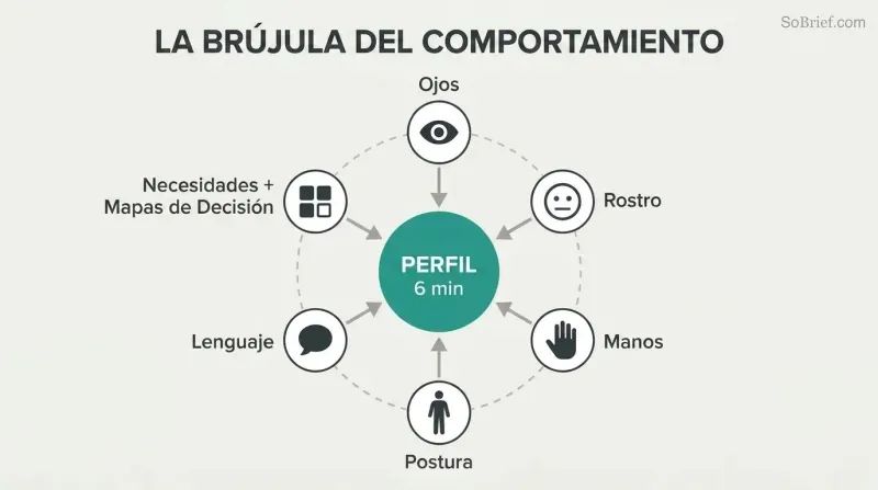 Hub-and-spoke diagram showing six observation channels — eyes, face, hands, posture, language, and profiling frameworks — converging inward toward a central Behavior Compass circle to form a unified profile.