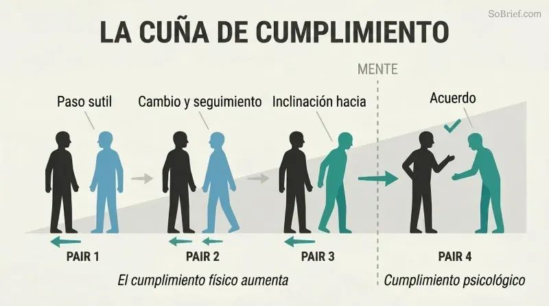 Escalating sequence of four silhouette pairs showing progressively larger physical adjustments crossing a threshold into psychological compliance.