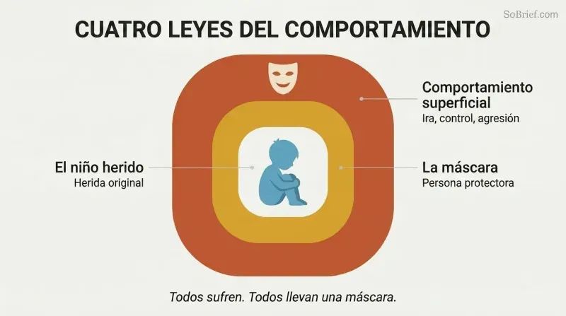 Three concentric layers around a small child silhouette, showing surface behavior outside, a protective mask in the middle, and the hurt child at the core.