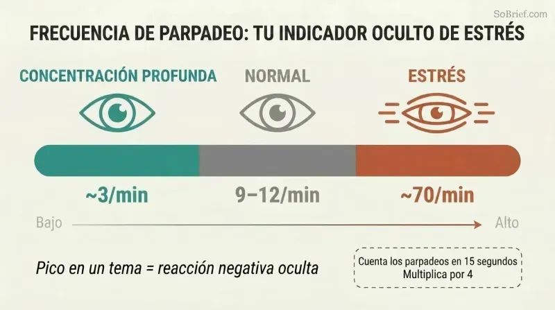 Horizontal spectrum showing three blink-rate zones from deep focus at 3 blinks per minute through normal at 9–12 to stress at 70, color-coded teal to gray to terracotta.
