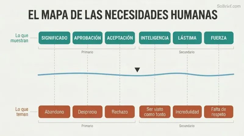 Waterline diagram showing six social needs above the surface paired with their corresponding hidden fears below, connected by vertical lines through a horizontal divider.