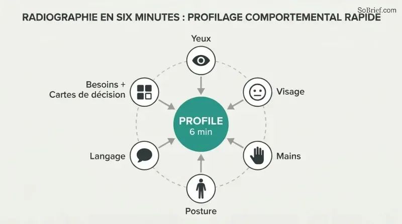 Hub-and-spoke diagram showing six observation channels — eyes, face, hands, posture, language, and profiling frameworks — converging inward toward a central Behavior Compass circle to form a unified profile.