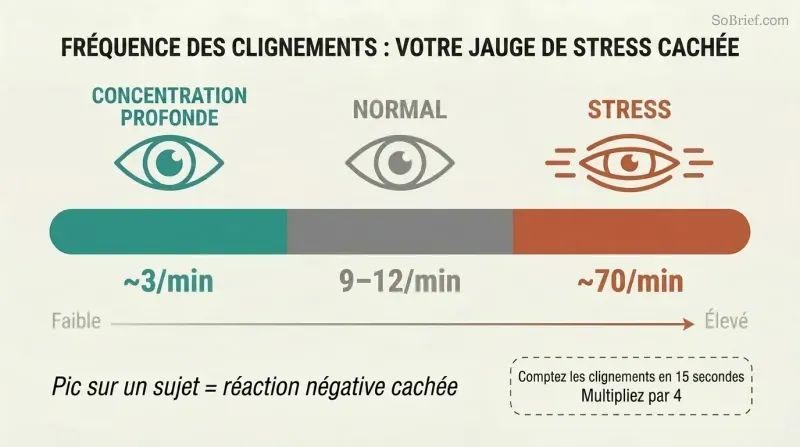 Horizontal spectrum showing three blink-rate zones from deep focus at 3 blinks per minute through normal at 9–12 to stress at 70, color-coded teal to gray to terracotta.