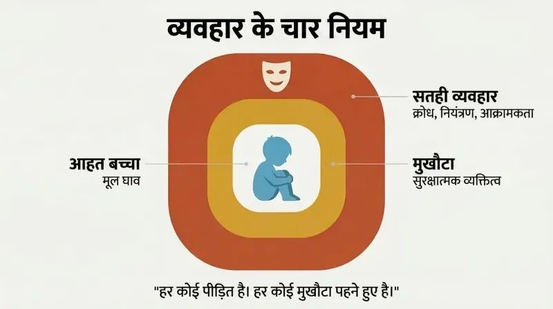 Three concentric layers around a small child silhouette, showing surface behavior outside, a protective mask in the middle, and the hurt child at the core.