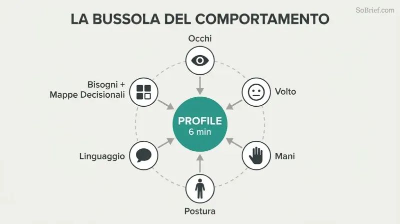 Hub-and-spoke diagram showing six observation channels — eyes, face, hands, posture, language, and profiling frameworks — converging inward toward a central Behavior Compass circle to form a unified profile.