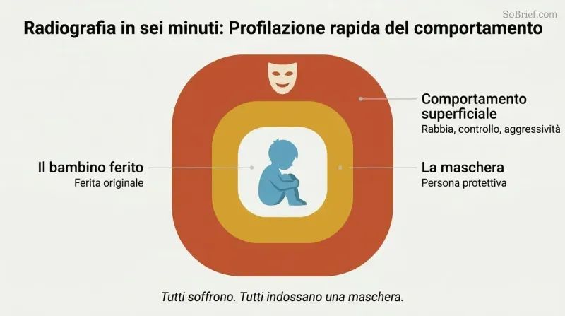 Three concentric layers around a small child silhouette, showing surface behavior outside, a protective mask in the middle, and the hurt child at the core.
