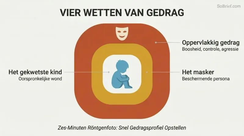 Three concentric layers around a small child silhouette, showing surface behavior outside, a protective mask in the middle, and the hurt child at the core.