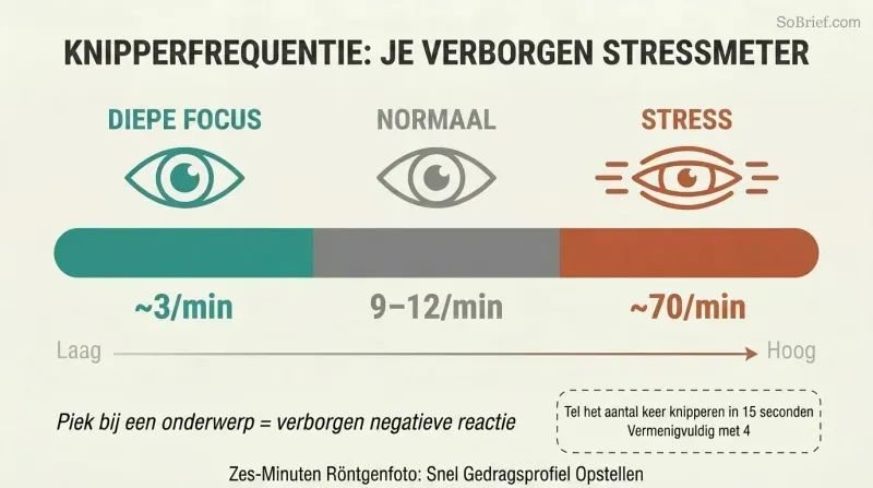 Horizontal spectrum showing three blink-rate zones from deep focus at 3 blinks per minute through normal at 9–12 to stress at 70, color-coded teal to gray to terracotta.