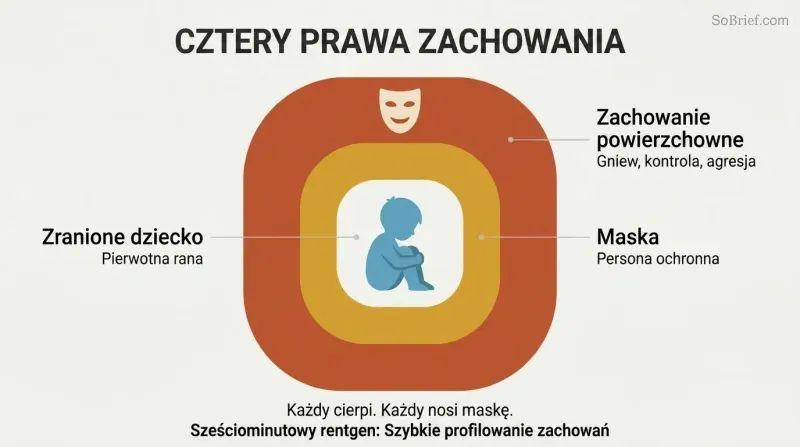 Three concentric layers around a small child silhouette, showing surface behavior outside, a protective mask in the middle, and the hurt child at the core.