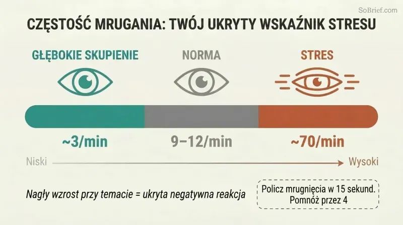 Horizontal spectrum showing three blink-rate zones from deep focus at 3 blinks per minute through normal at 9–12 to stress at 70, color-coded teal to gray to terracotta.