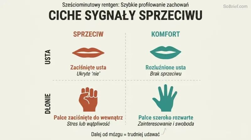 Two-by-two grid comparing lip compression and finger curling as hidden objection signals against relaxed lips and open fingers as comfort signals.