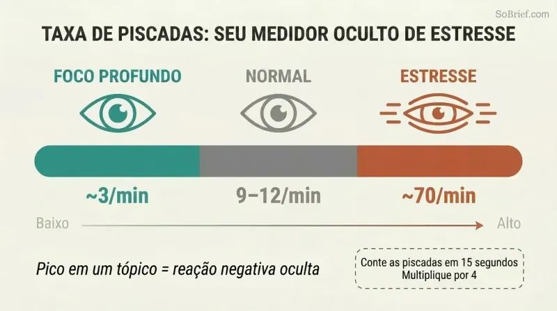 Horizontal spectrum showing three blink-rate zones from deep focus at 3 blinks per minute through normal at 9–12 to stress at 70, color-coded teal to gray to terracotta.