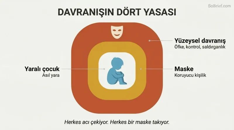 Three concentric layers around a small child silhouette, showing surface behavior outside, a protective mask in the middle, and the hurt child at the core.