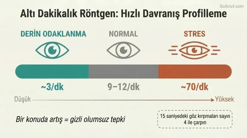Horizontal spectrum showing three blink-rate zones from deep focus at 3 blinks per minute through normal at 9–12 to stress at 70, color-coded teal to gray to terracotta.