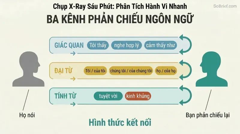 Three parallel word categories — sensory, pronouns, and adjectives — flow from a speaker figure through labeled lanes and reflect back from a listener, showing the mirroring technique.