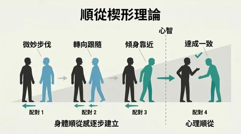 Escalating sequence of four silhouette pairs showing progressively larger physical adjustments crossing a threshold into psychological compliance.
