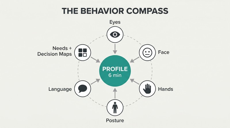 Hub-and-spoke diagram showing six observation channels — eyes, face, hands, posture, language, and profiling frameworks — converging inward toward a central Behavior Compass circle to form a unified profile.