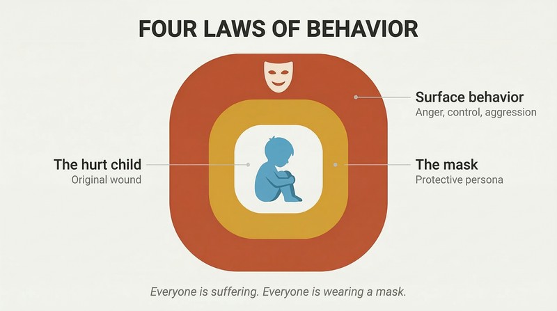 Three concentric layers around a small child silhouette, showing surface behavior outside, a protective mask in the middle, and the hurt child at the core.