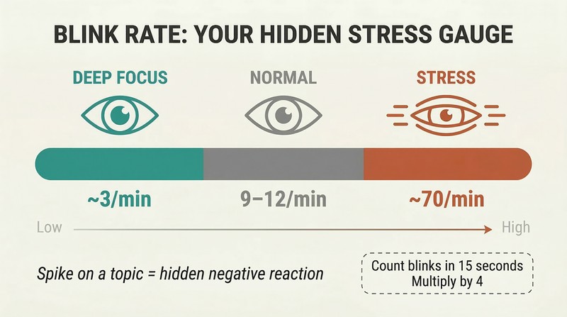 Horizontal spectrum showing three blink-rate zones from deep focus at 3 blinks per minute through normal at 9–12 to stress at 70, color-coded teal to gray to terracotta.