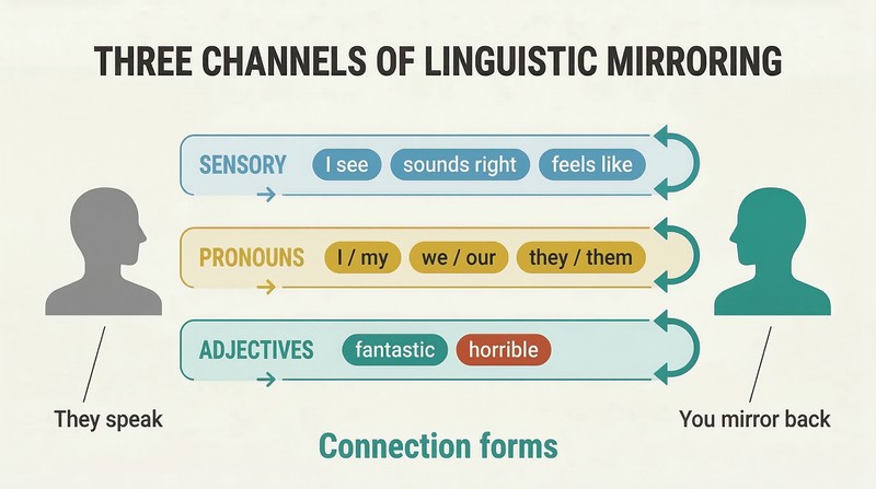 Three parallel word categories — sensory, pronouns, and adjectives — flow from a speaker figure through labeled lanes and reflect back from a listener, showing the mirroring technique.