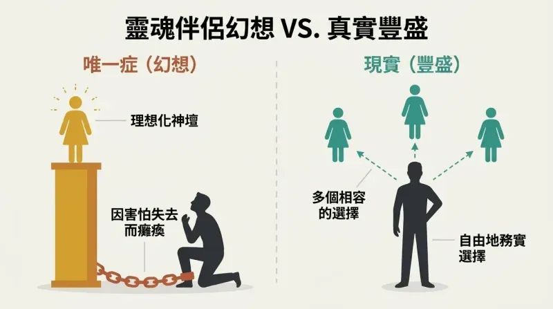 A split-panel diagram contrasting the paralyzed state of ONEitis fixation on a single idealized partner with the freedom of an abundance mindset.
